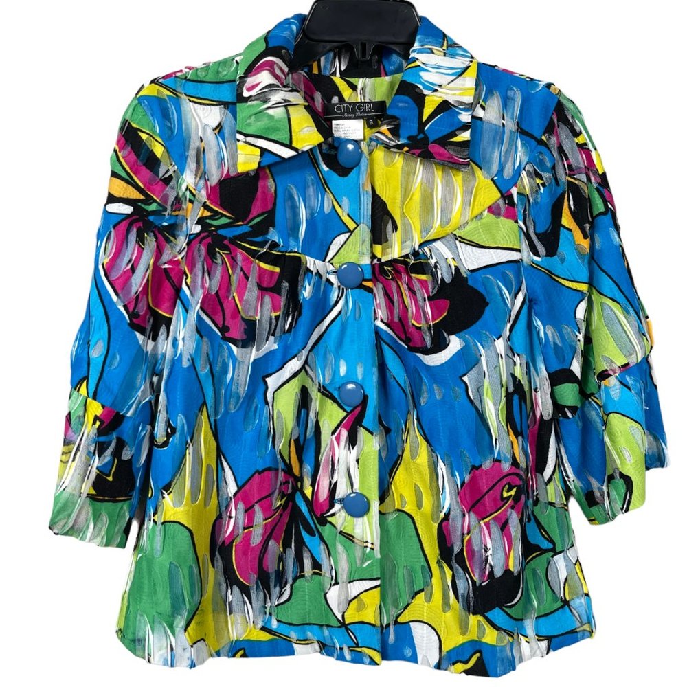 Vintage City Girl Nancy Bolen Top Small Button Half Sleeve Colorful Art to Wear